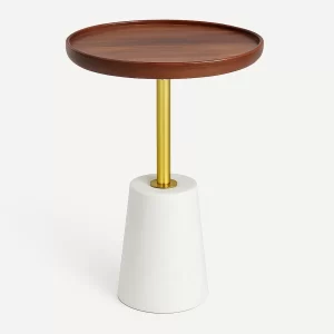 LOONY WOOD TOP & WHITE MARBLE BASE SIDE TABLE